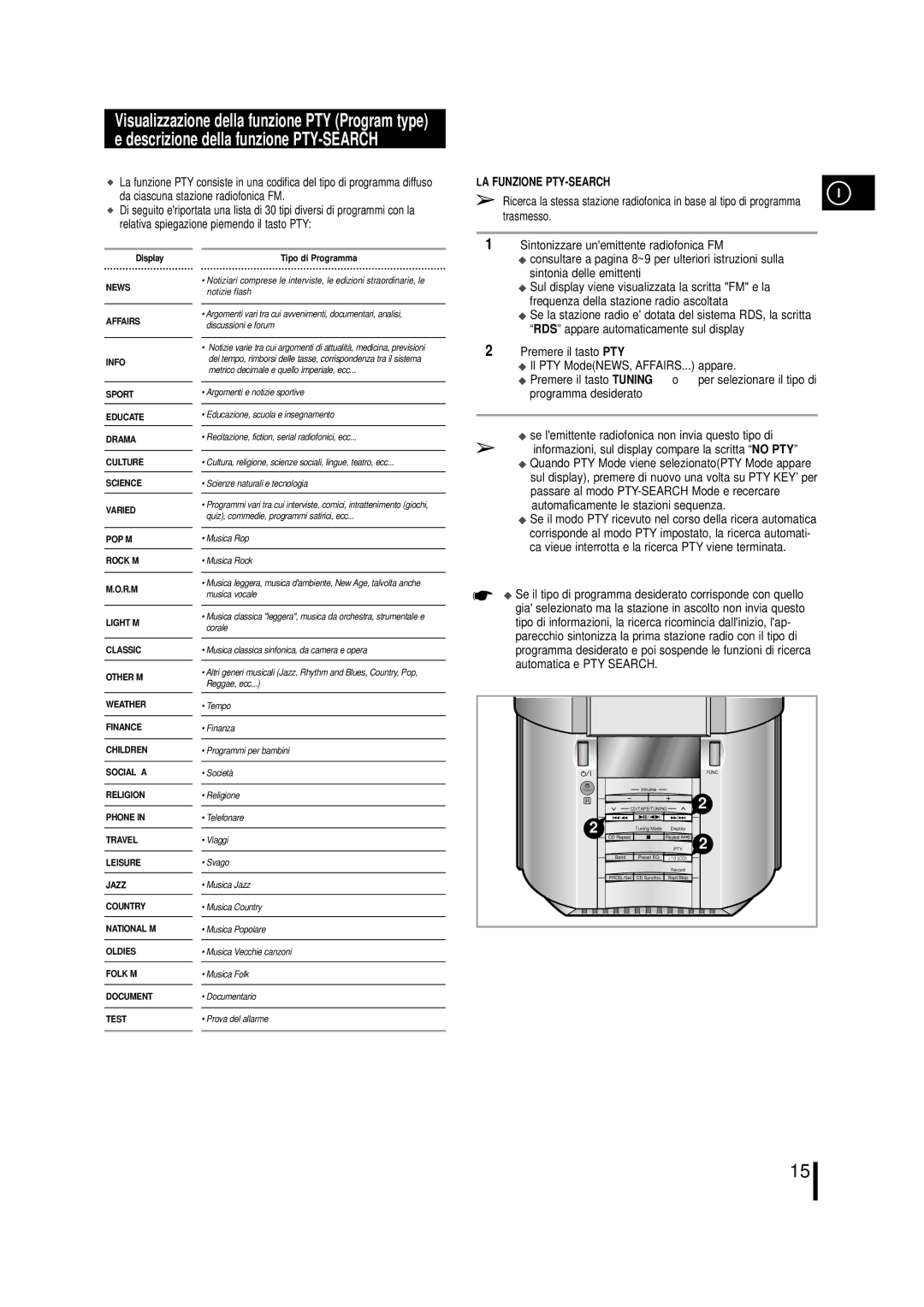 Samsung MML7RH/ELS, MM-L7 manual LA Funzione PTY-SEARCH, Tipo di Programma 