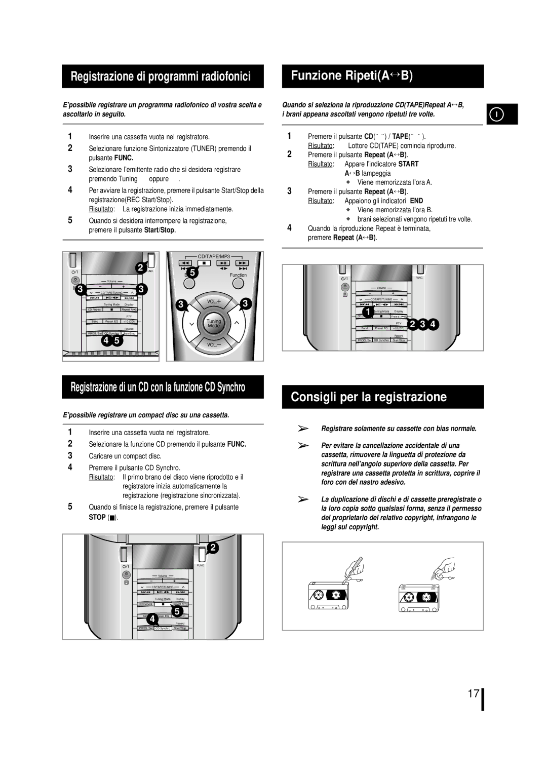 Samsung MML7RH/ELS, MM-L7 manual Funzione RipetiA B, Consigli per la registrazione, ↔ B lampeggia Viene memorizzata l’ora a 