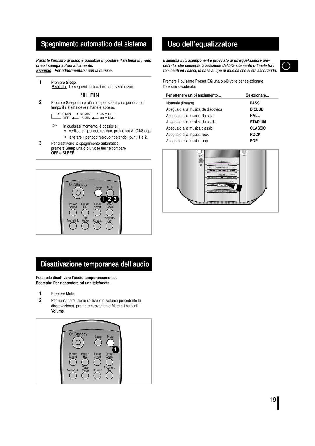 Samsung MML7RH/ELS, MM-L7 Disattivazione temporanea dell’audio, Spegnimento automatico del sistema Uso dell’equalizzatore 