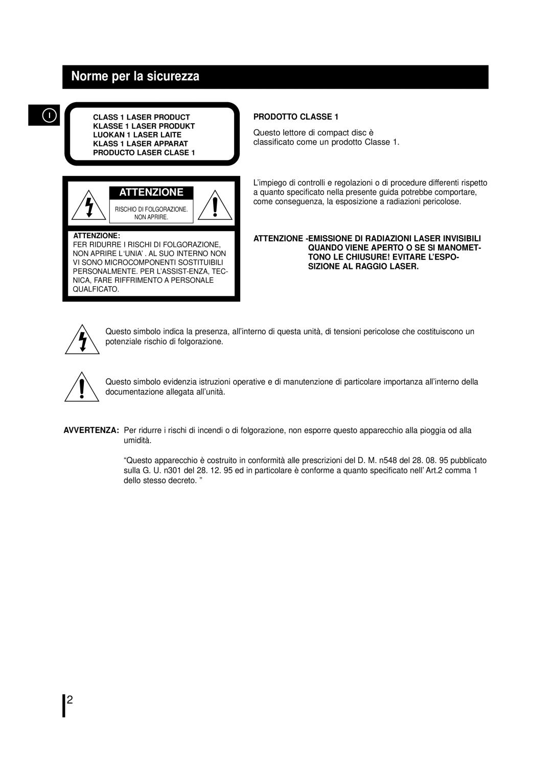 Samsung MM-L7, MML7RH/ELS manual Norme per la sicurezza, Attenzione 