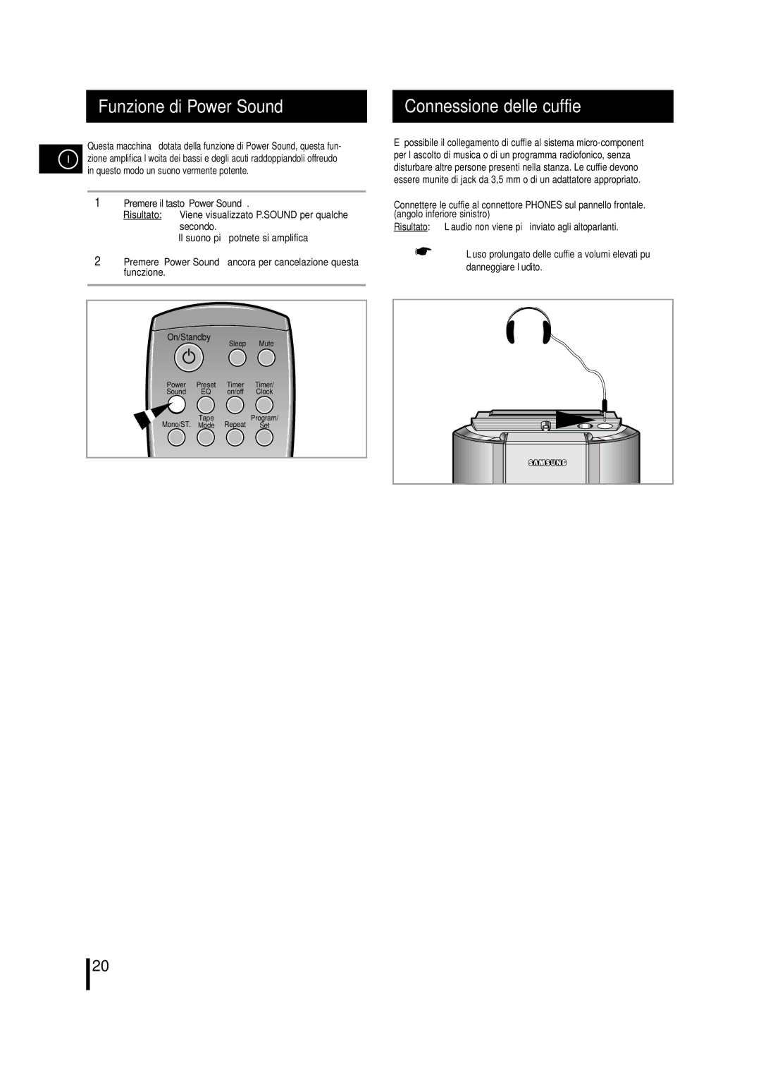 Samsung MM-L7, MML7RH/ELS manual Funzione di Power Sound, Connessione delle cuffie 