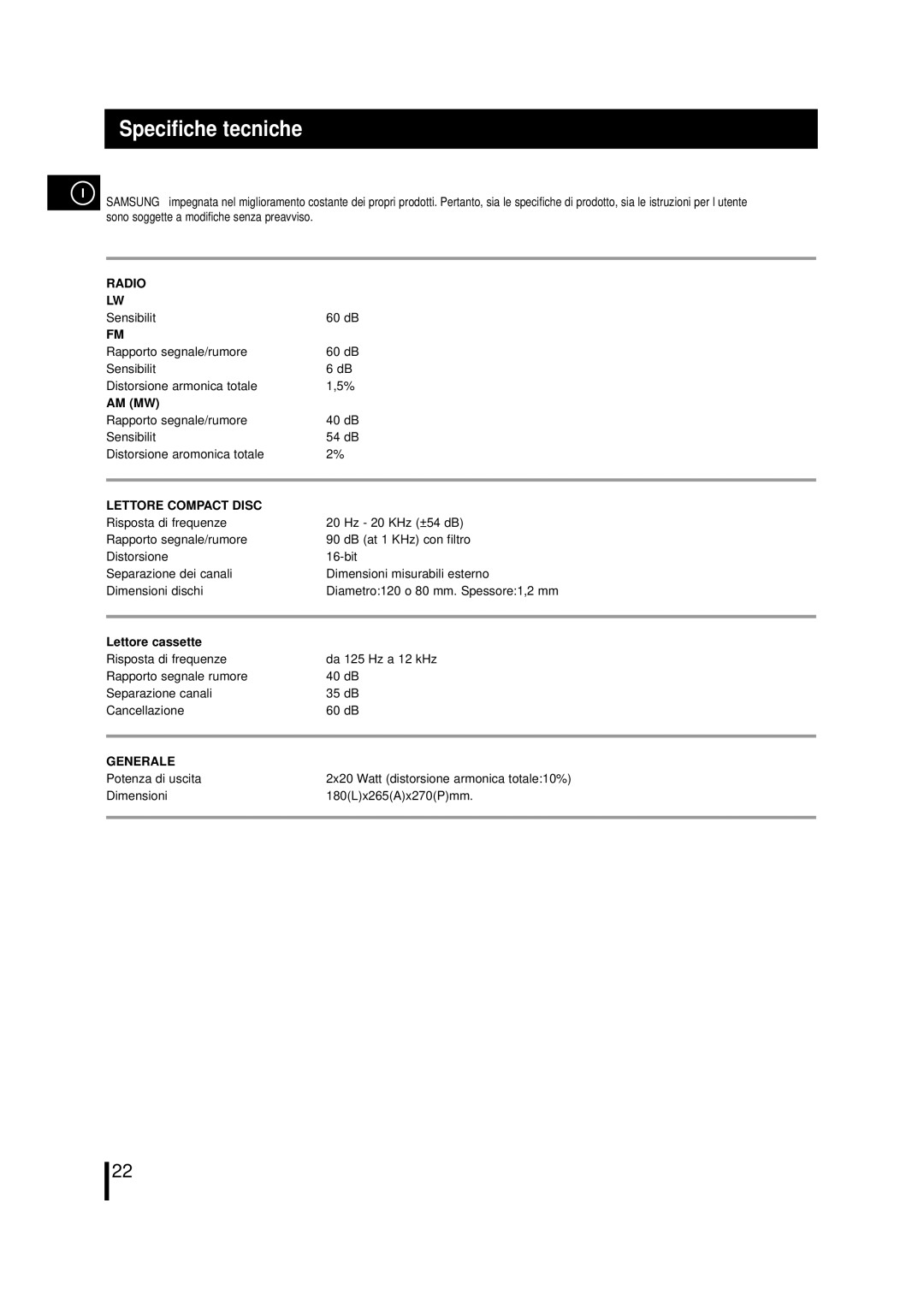 Samsung MM-L7, MML7RH/ELS manual Specifiche tecniche, Radio, Am Mw, Lettore Compact Disc, Generale 