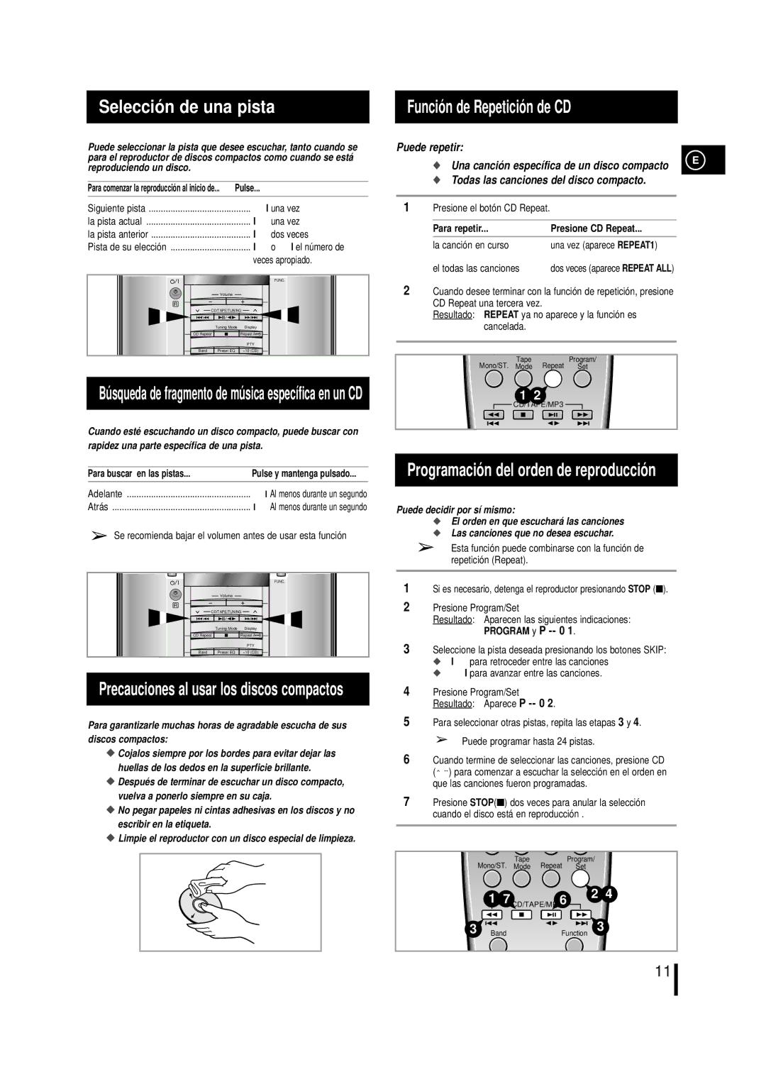 Samsung MML7RH/ELS, MM-L7 manual Selecció n de una pista Funció n de Repetició n de CD, Para buscar en las pistas 