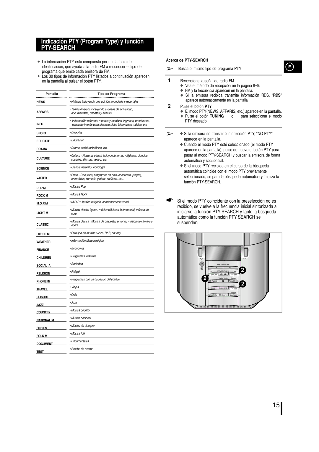 Samsung MML7RH/ELS, MM-L7 Acerca de PTY-SEARCH Busca el mismo tipo de programa PTY, Aparece automáticamente en la pantalla 