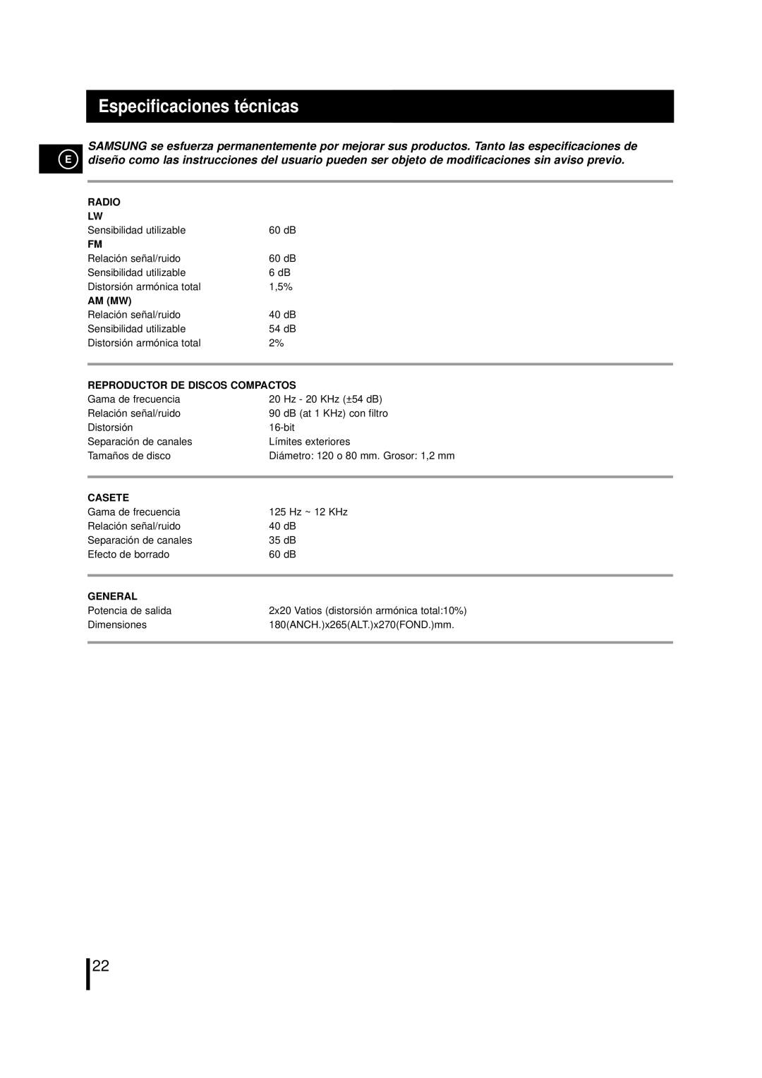 Samsung MM-L7, MML7RH/ELS manual Especificaciones té cnicas, Reproductor DE Discos Compactos 