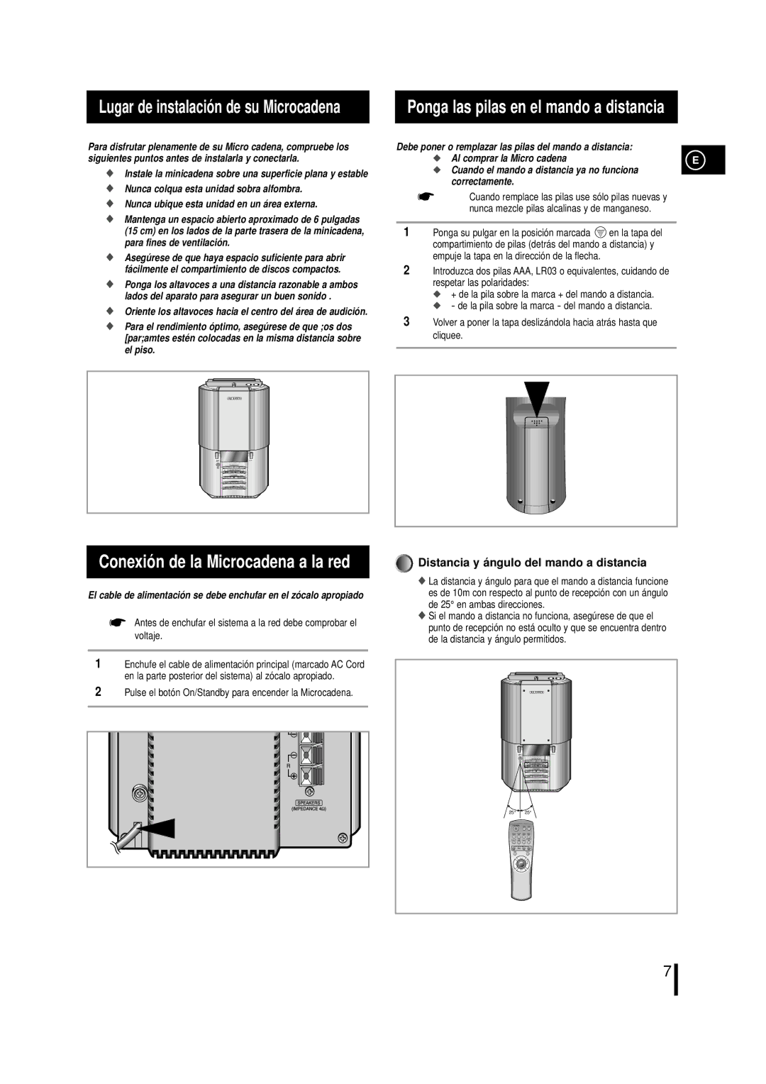 Samsung MML7RH/ELS, MM-L7 manual Conexió n de la Microcadena a la red, Ponga las pilas en el mando a distancia 