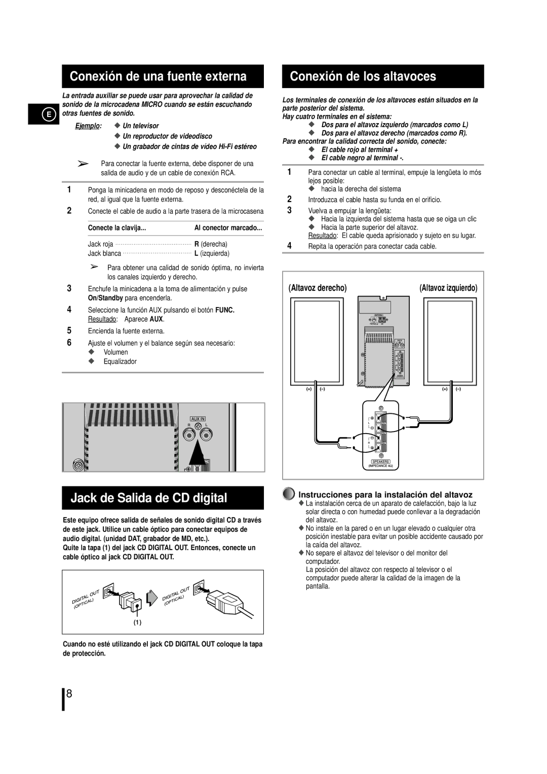 Samsung MM-L7, MML7RH/ELS manual Conexió n de una fuente externa, Jack de Salida de CD digital, Conexió n de los altavoces 