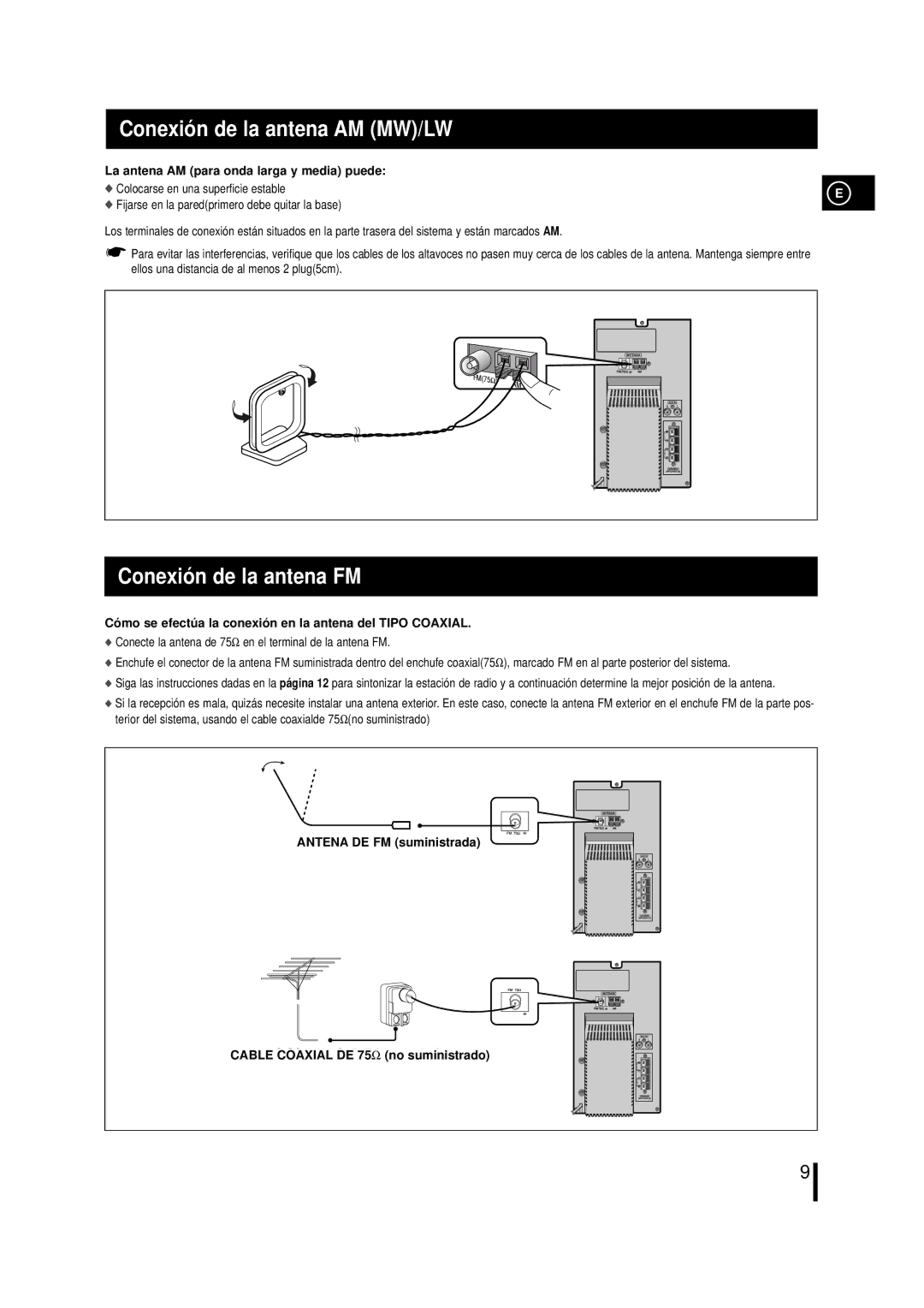 Samsung MML7RH/ELS Conexió n de la antena AM MW/LW, Conexió n de la antena FM, La antena AM para onda larga y media puede 