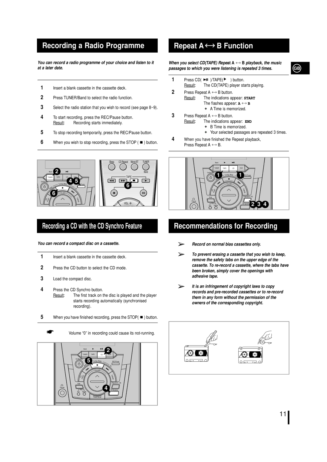 Samsung MMN4GQH/XFO, MM-N4 Repeat a Function, Recommendations for Recording, You can record a compact disc on a cassette 