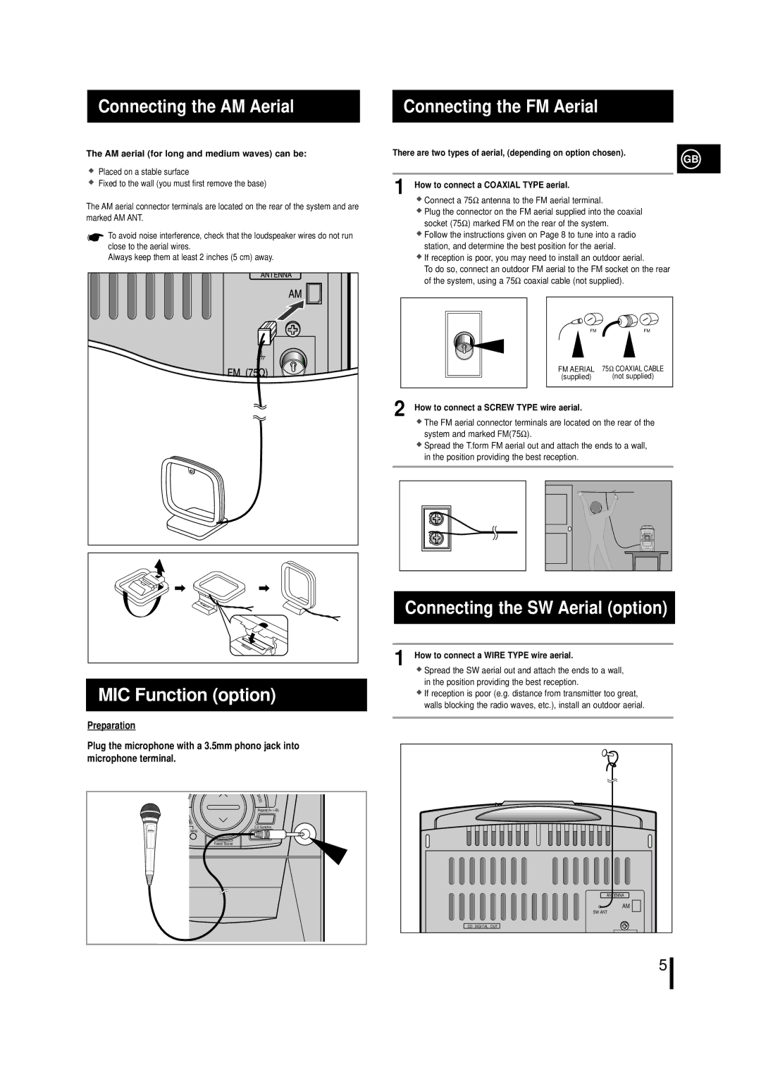 Samsung MMN4GQH/XFO, MM-N4, MMN4RH/ELS manual Connecting the AM Aerial Connecting the FM Aerial, MIC Function option 