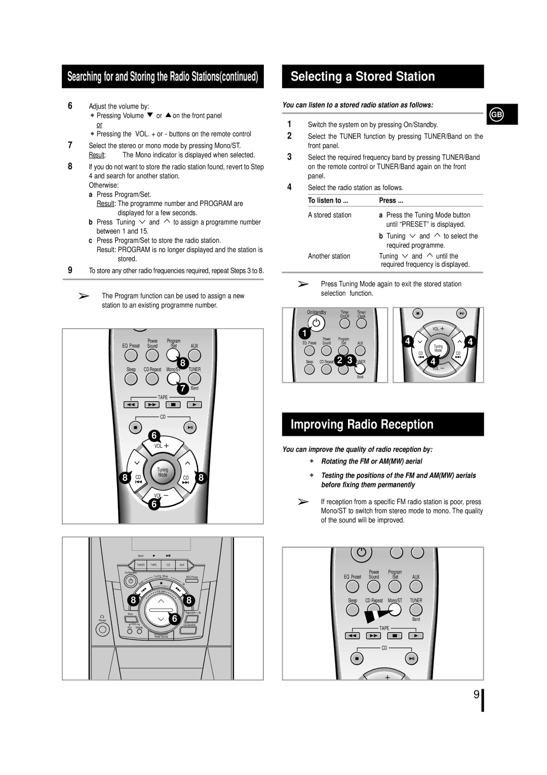 Samsung MM-N4 Selecting a Stored Station, Improving Radio Reception, You can listen to a stored radio station as follows 