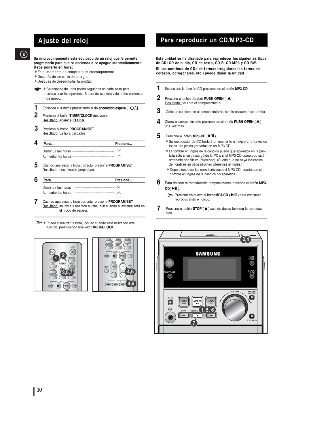 Samsung MM-T5T/XSG Ajuste del reloj, Para reproducir un CD/MP3-CD, Para Presione, Resultado Se abre el compartimiento 