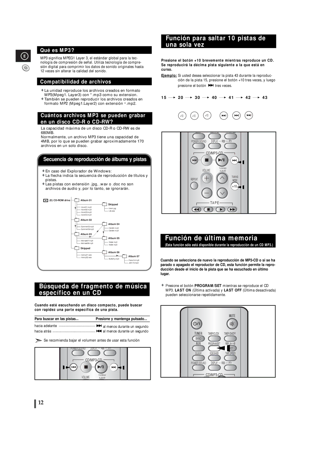 Samsung MM-T5T/XSG, MM-T5R/ELS manual Función de última memoria, Función para saltar 10 pistas de una sola vez 