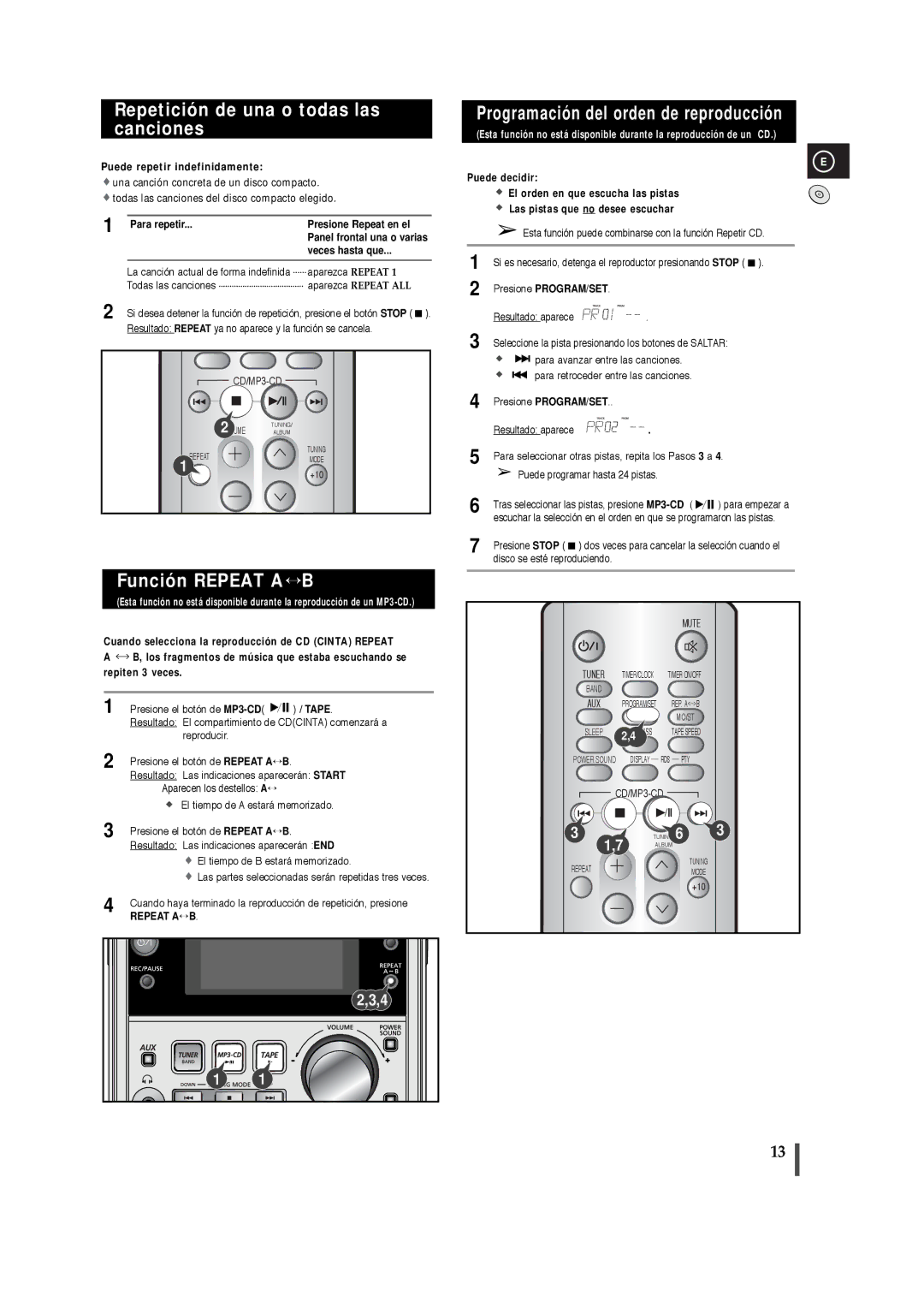 Samsung MM-T5R/ELS Repetición de una o todas las canciones, Función Repeat A↔ B, Programación del orden de reproducción 