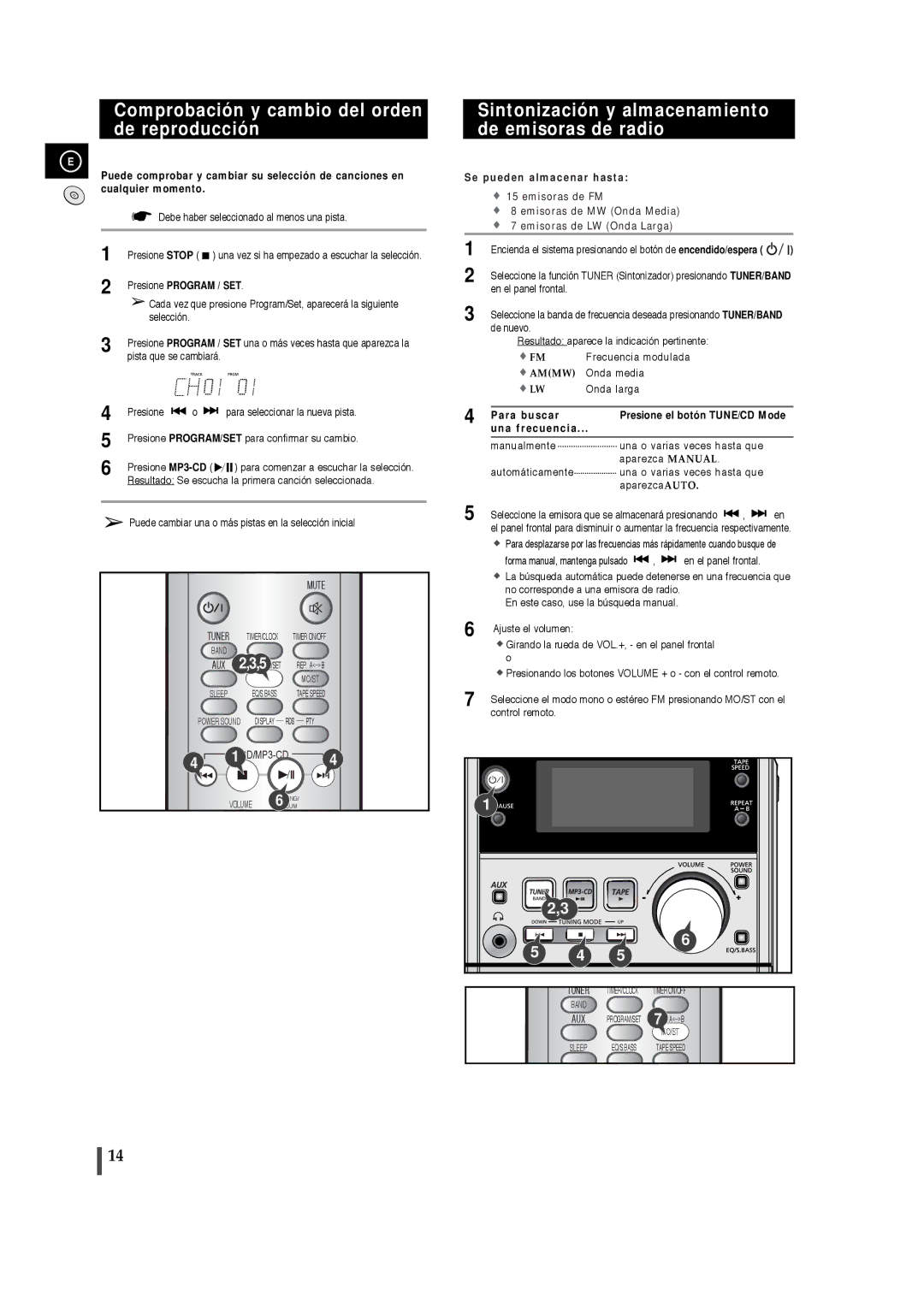 Samsung MM-T5T/XSG Comprobación y cambio del orden de reproducción, Sintonización y almacenamiento de emisoras de radio 