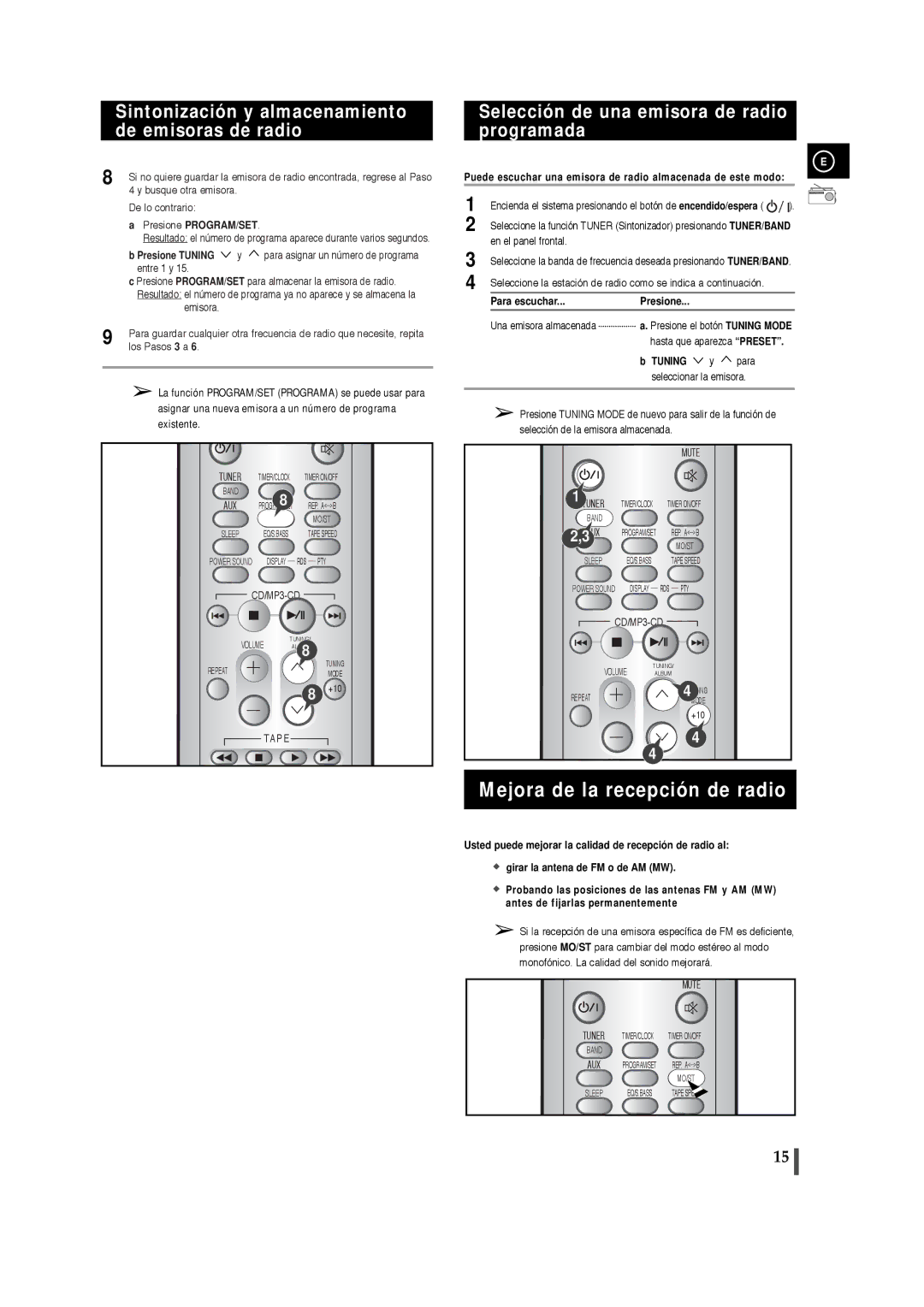 Samsung MM-T5R/ELS Mejora de la recepción de radio, Selección de una emisora de radio programada, Para escuchar Presione 