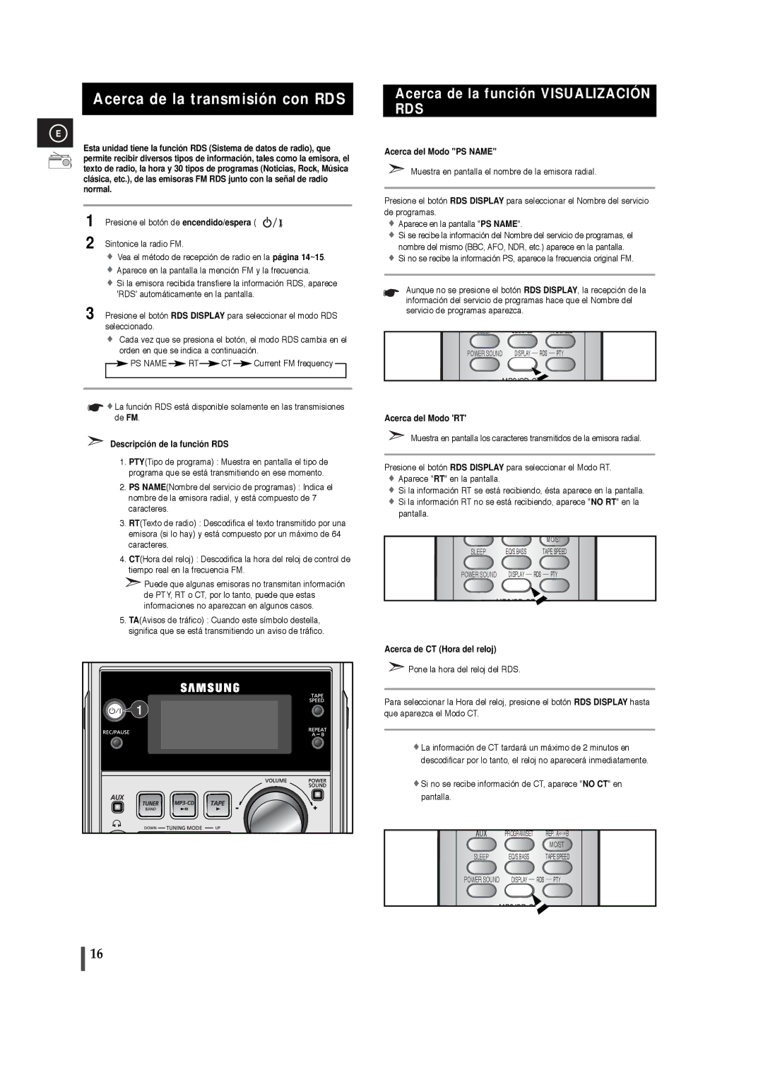 Samsung MM-T5T/XSG, MM-T5R/ELS Acerca de la transmisión con RDS, Descripción de la función RDS, Acerca del Modo PS Name 