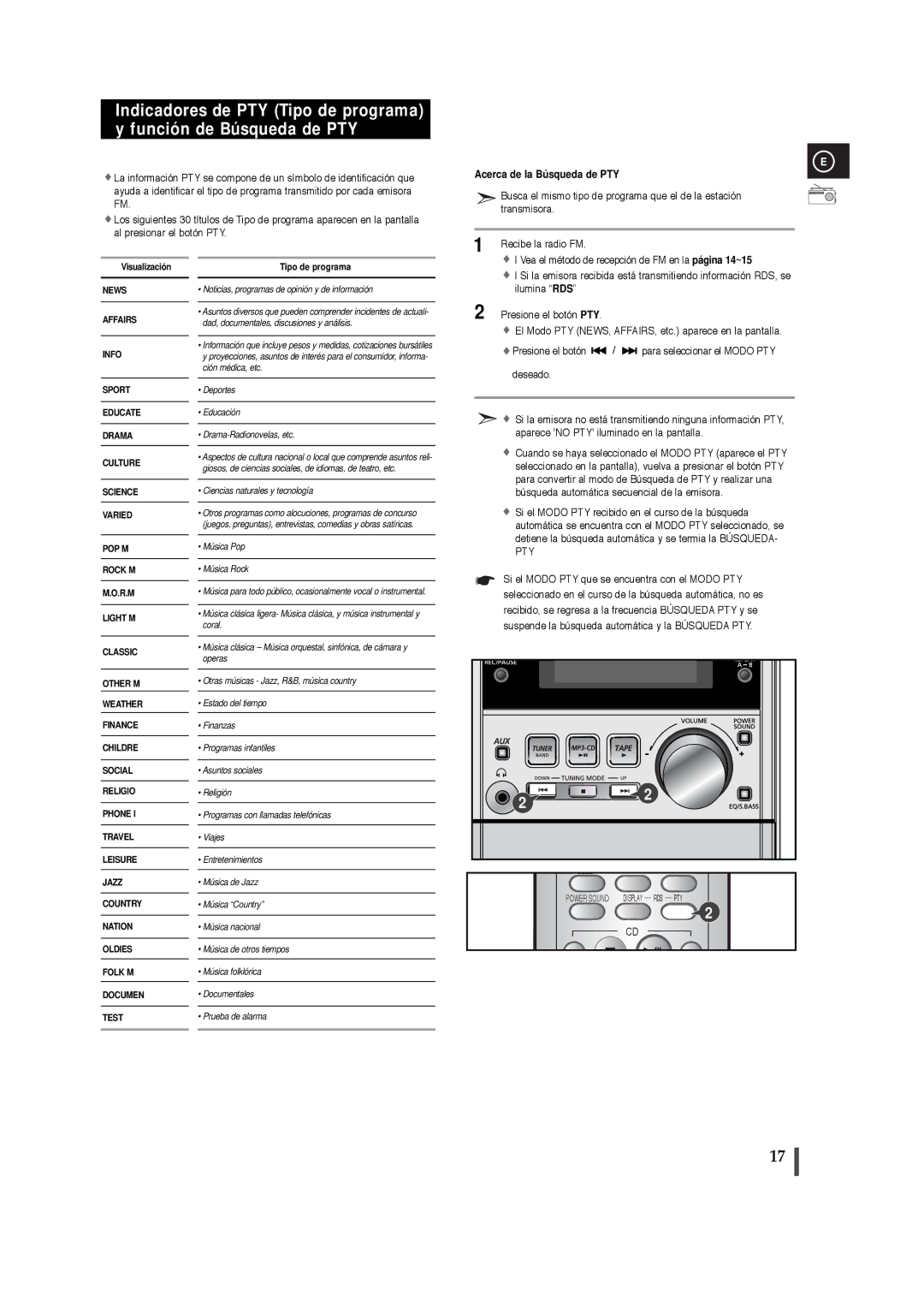 Samsung MM-T5R/ELS, MM-T5T/XSG manual Acerca de la Búsqueda de PTY, Tipo de programa 