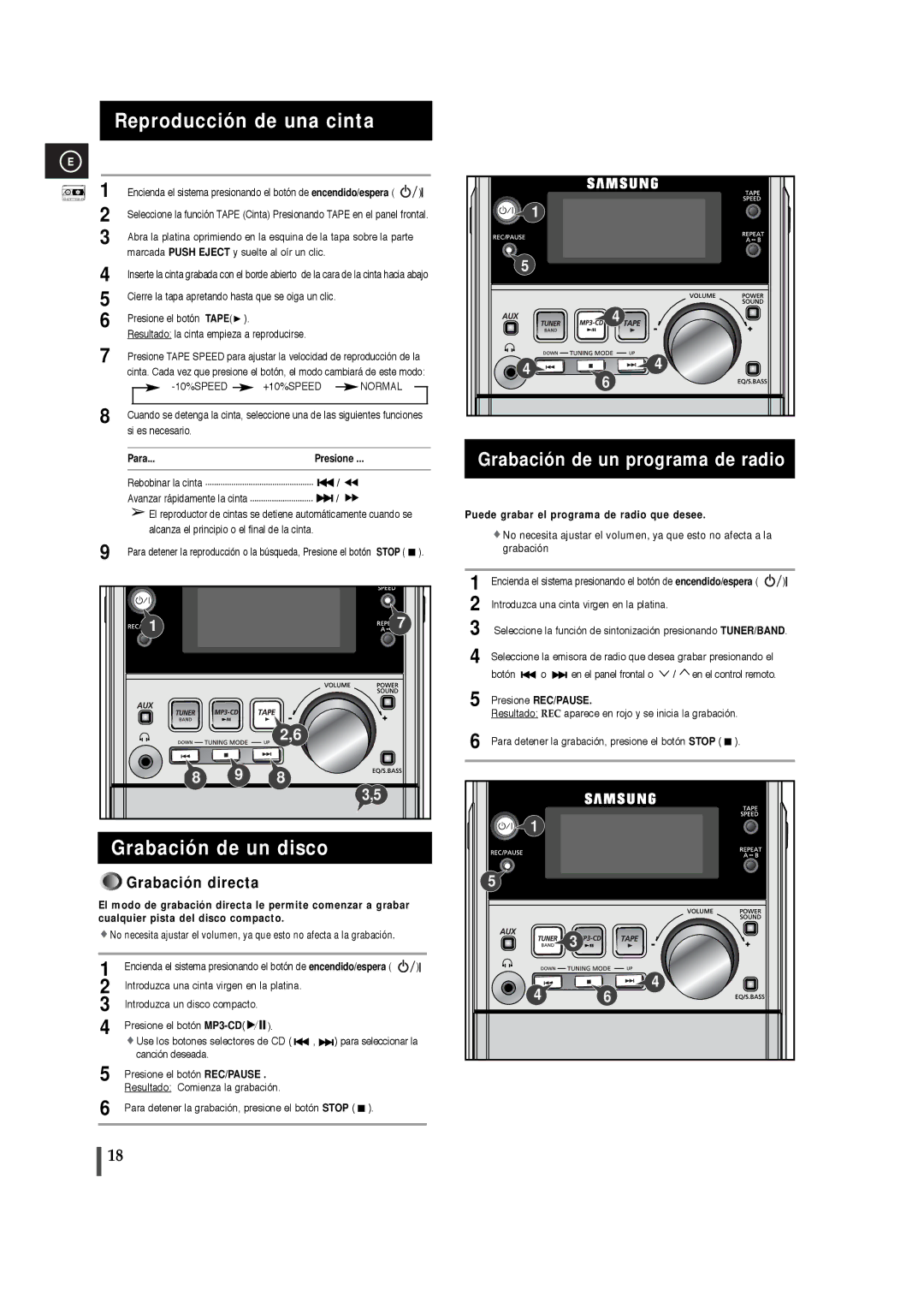 Samsung MM-T5T/XSG Reproducción de una cinta, Grabación de un disco, Grabación de un programa de radio, Presione REC/PAUSE 