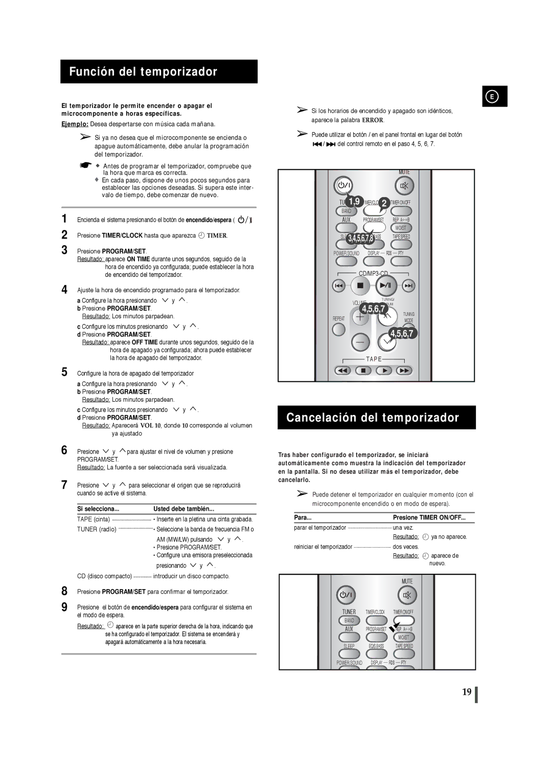 Samsung MM-T5R/ELS, MM-T5T/XSG manual Función del temporizador, Cancelación del temporizador, Si selecciona, Para 