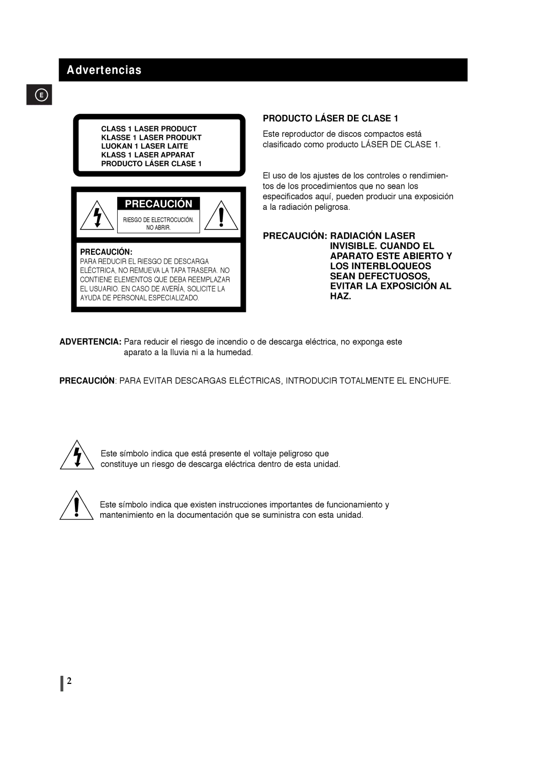 Samsung MM-T5T/XSG, MM-T5R/ELS manual Advertencias, Precaución 