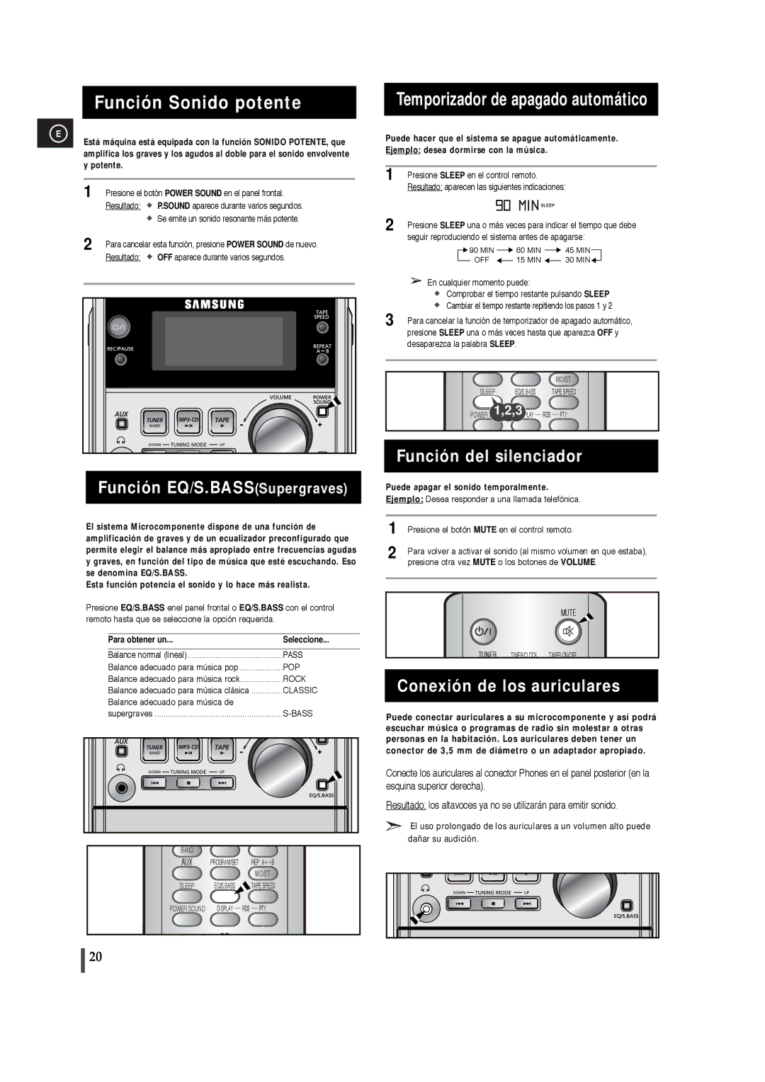 Samsung MM-T5T/XSG, MM-T5R/ELS Temporizador de apagado automático, Función del silenciador, Conexión de los auriculares 