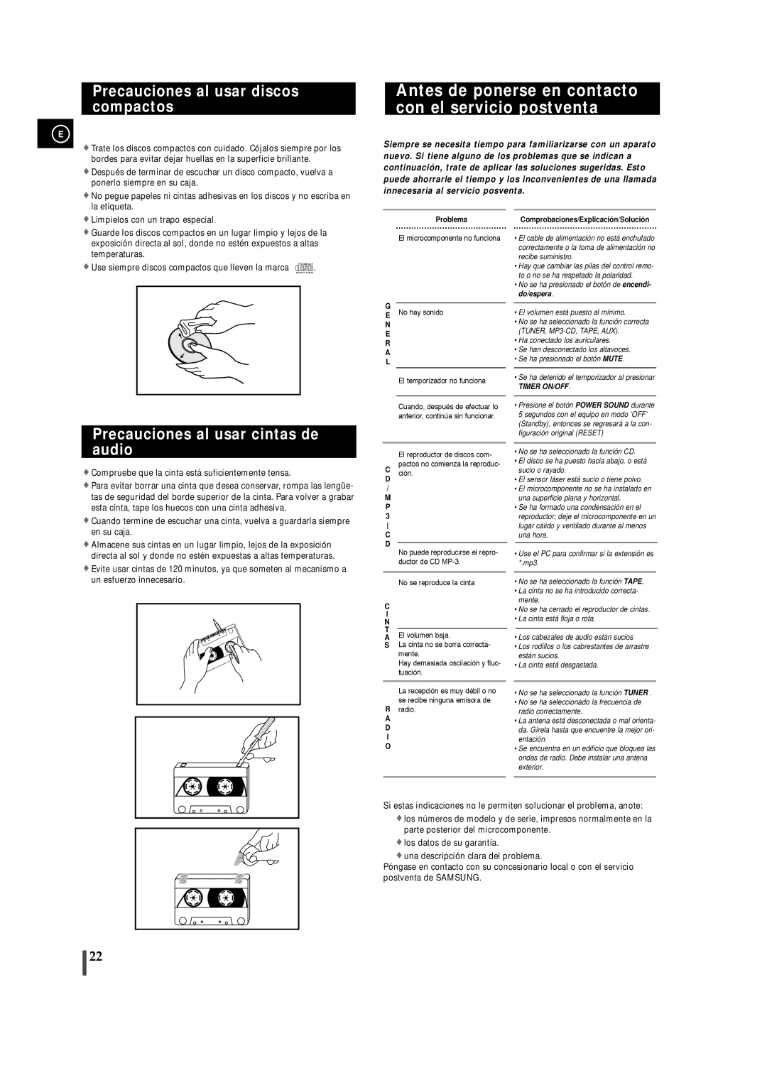 Samsung MM-T5T/XSG manual Antes de ponerse en contacto con el servicio postventa, Precauciones al usar discos compactos 