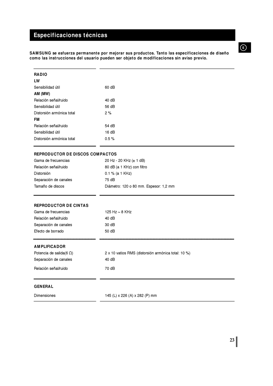 Samsung MM-T5R/ELS, MM-T5T/XSG manual Especificaciones técnicas, Reproductor DE Discos Compactos 