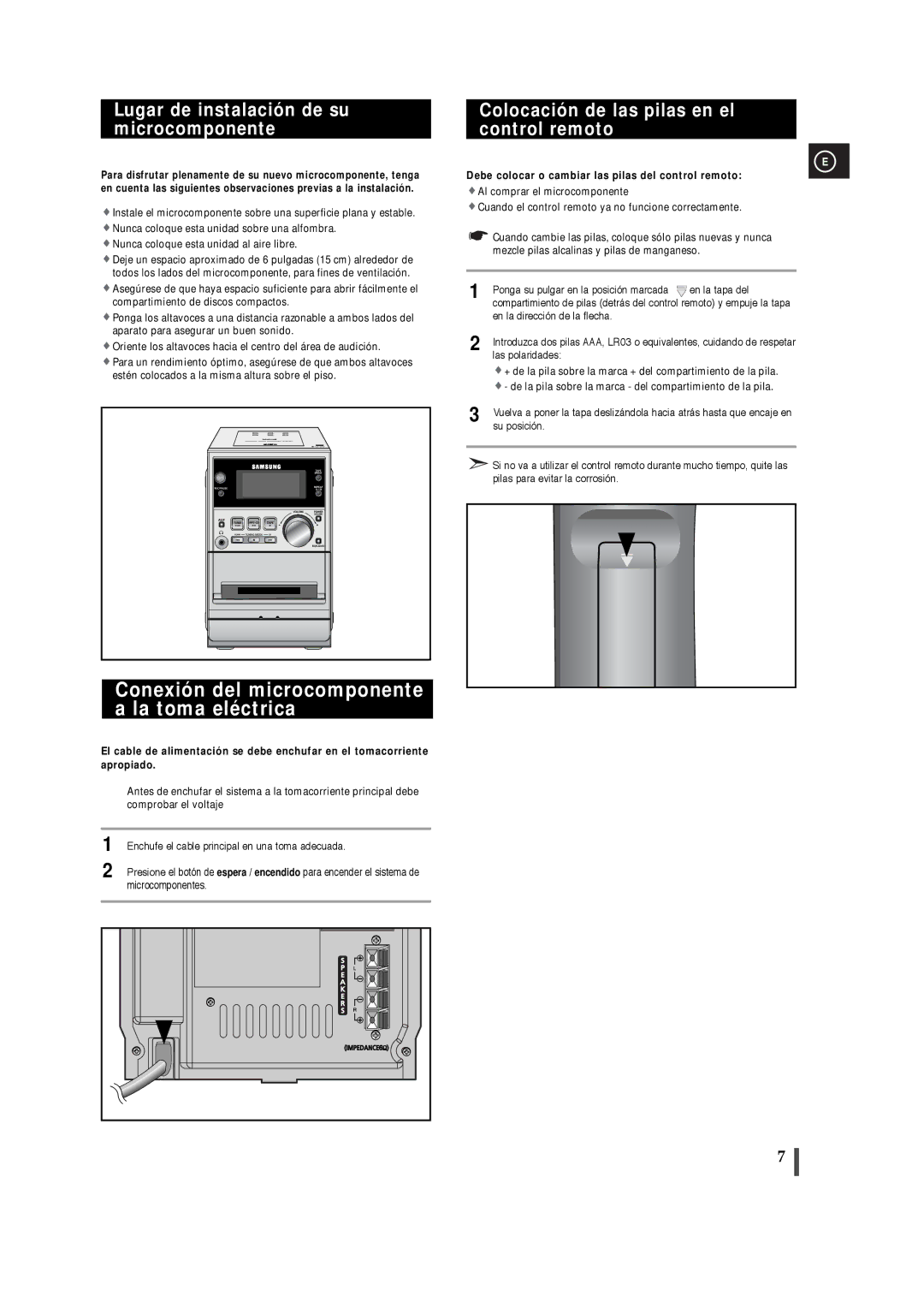 Samsung MM-T5R/ELS manual Conexión del microcomponente a la toma eléctrica, Lugar de instalación de su microcomponente 