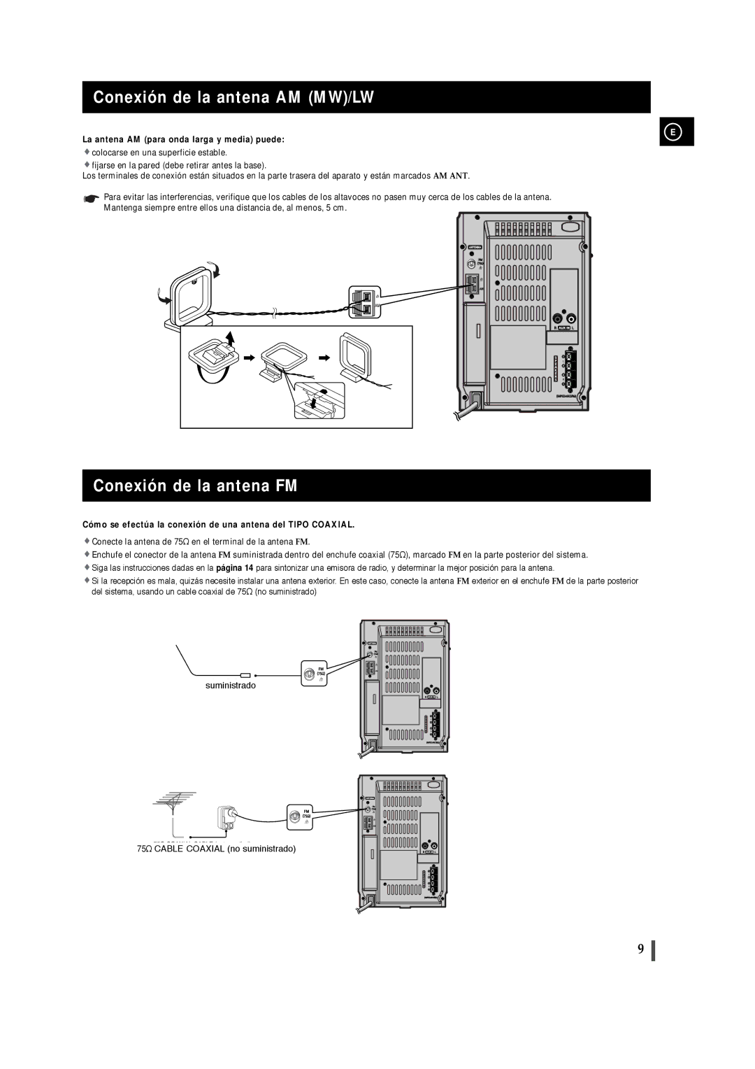 Samsung MM-T5R/ELS Conexión de la antena AM MW/LW, Conexión de la antena FM, La antena AM para onda larga y media puede 