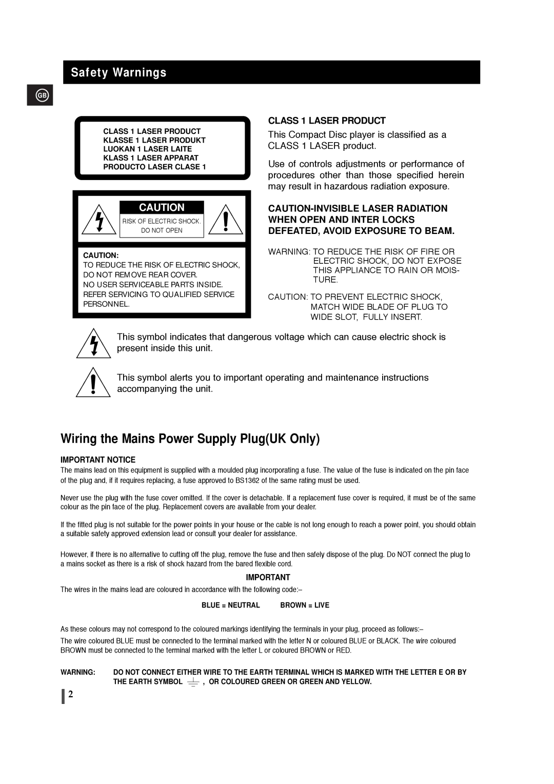 Samsung MM-T5T/XSG, MM-T5R/ELS manual Safety Warnings, Class 1 Laser Product 