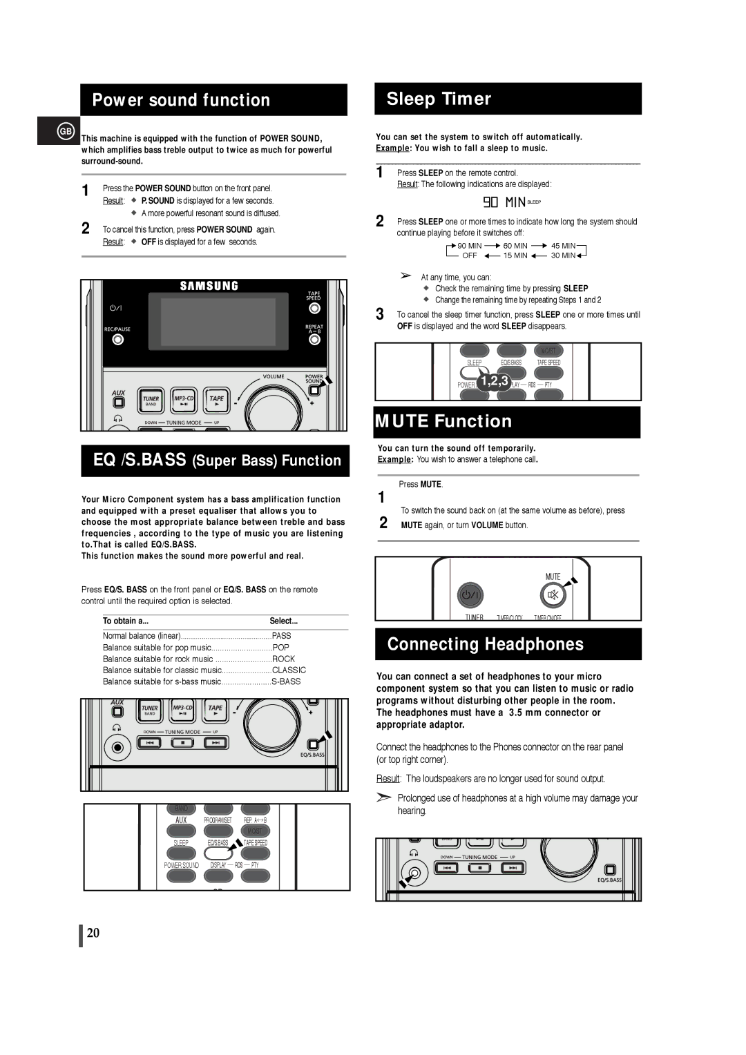 Samsung MM-T5T/XSG Power sound function Sleep Timer, Mute Function, Connecting Headphones, EQ /S.BASS Super Bass Function 