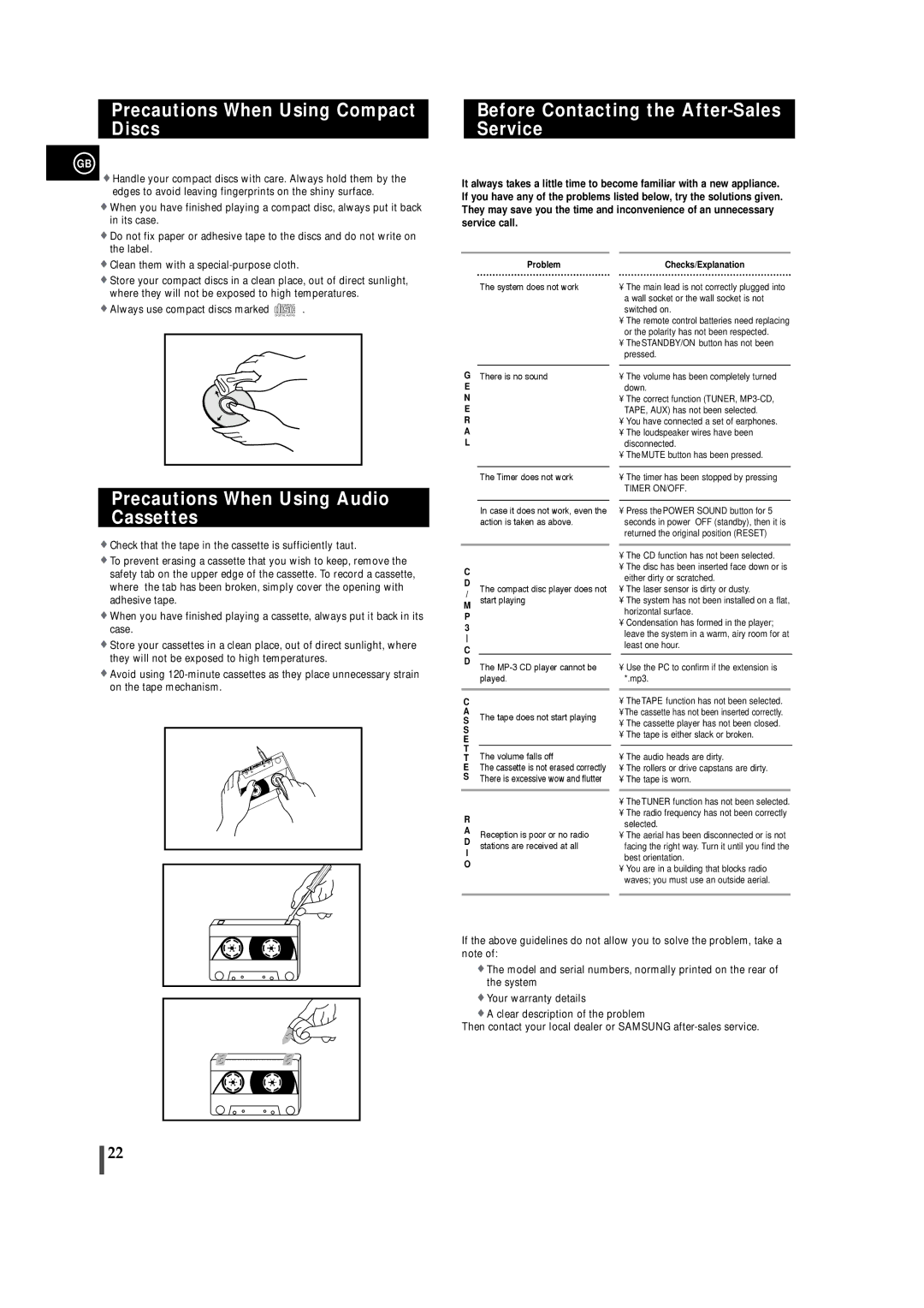 Samsung MM-T5T/XSG, MM-T5R/ELS manual Precautions When Using Compact Discs, Before Contacting the After-Sales Service 