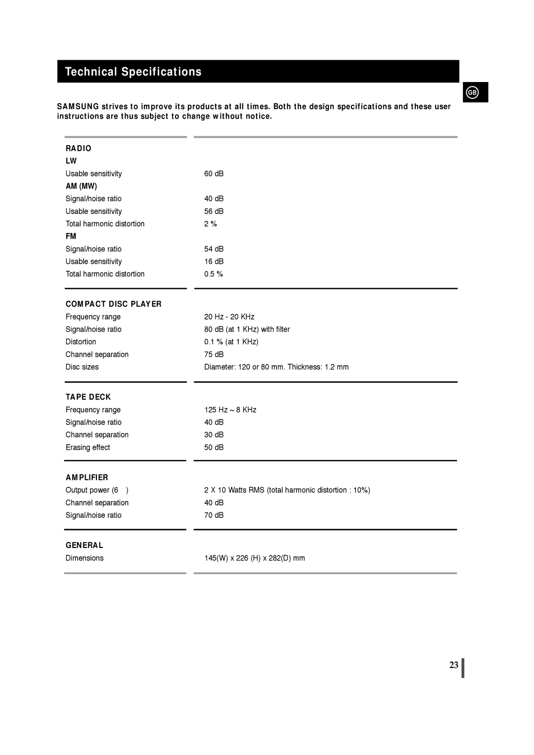 Samsung MM-T5R/ELS, MM-T5T/XSG manual Technical Specifications, General 