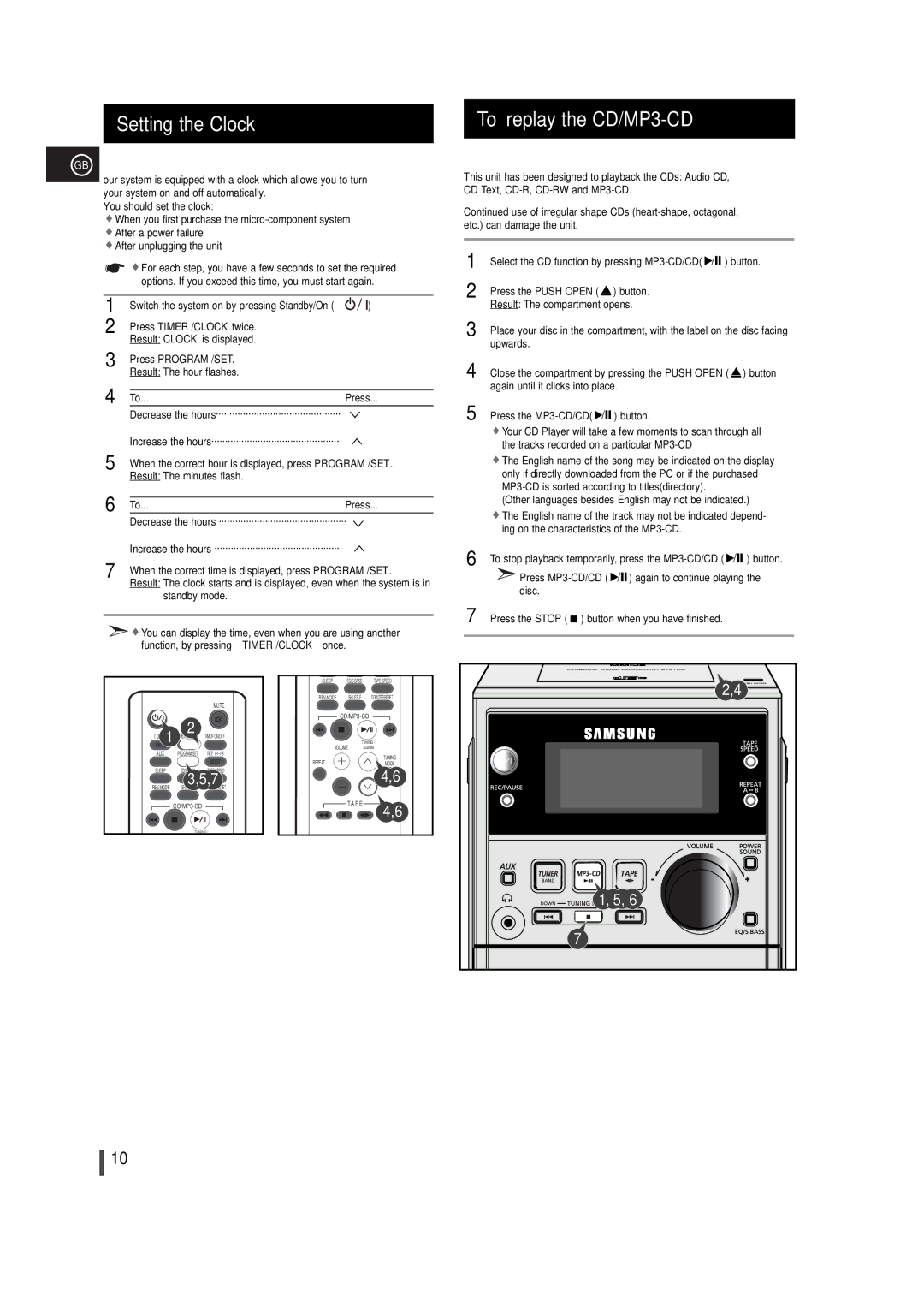 Samsung MM-T5T/XSG, MM-T5R/ELS Setting the Clock, To replay the CD/MP3-CD, Press Timer /CLOCK twice, Press Program /SET 