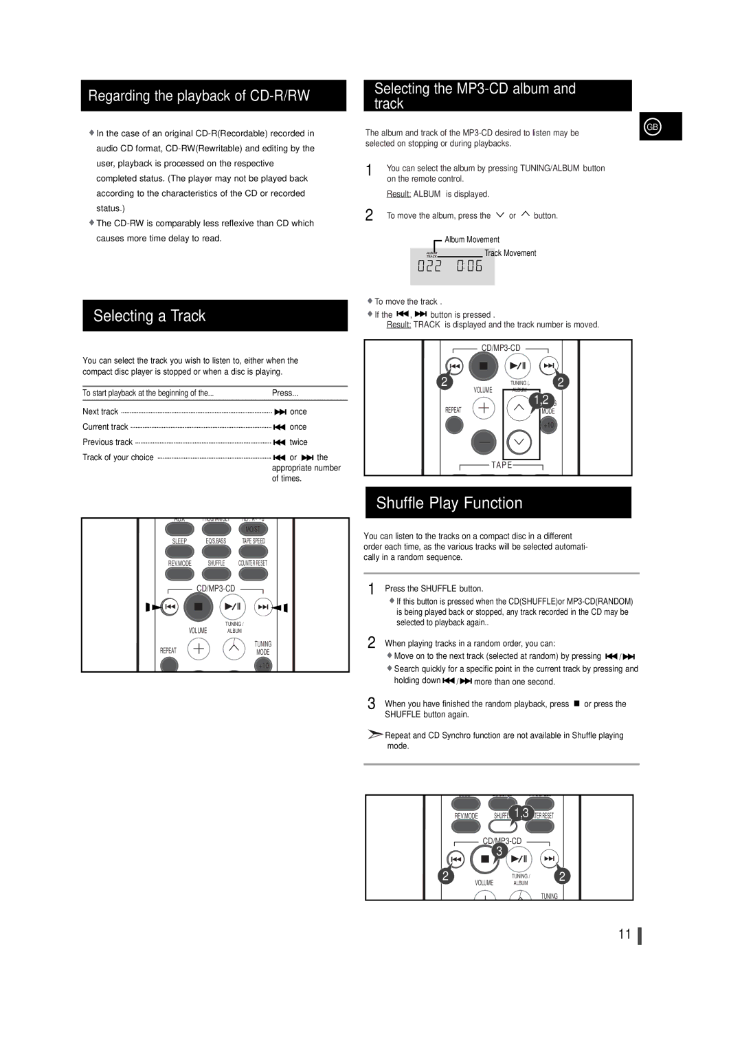 Samsung MM-T5R/ELS, MM-T5T/XSG manual Selecting a Track, Shuffle Play Function, Regarding the playback of CD-R/RW 