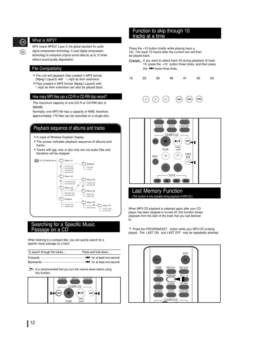 Samsung MM-T5T/XSG, MM-T5R/ELS manual Last Memory Function, Function to skip through 10 tracks at a time 