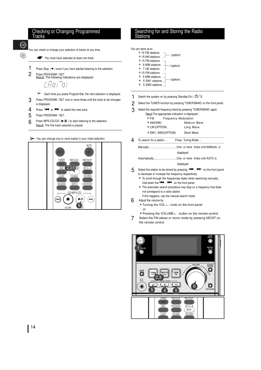 Samsung MM-T5T/XSG Checking or Changing Programmed Tracks, Searching for and Storing the Radio Stations, Press Tuning Mode 