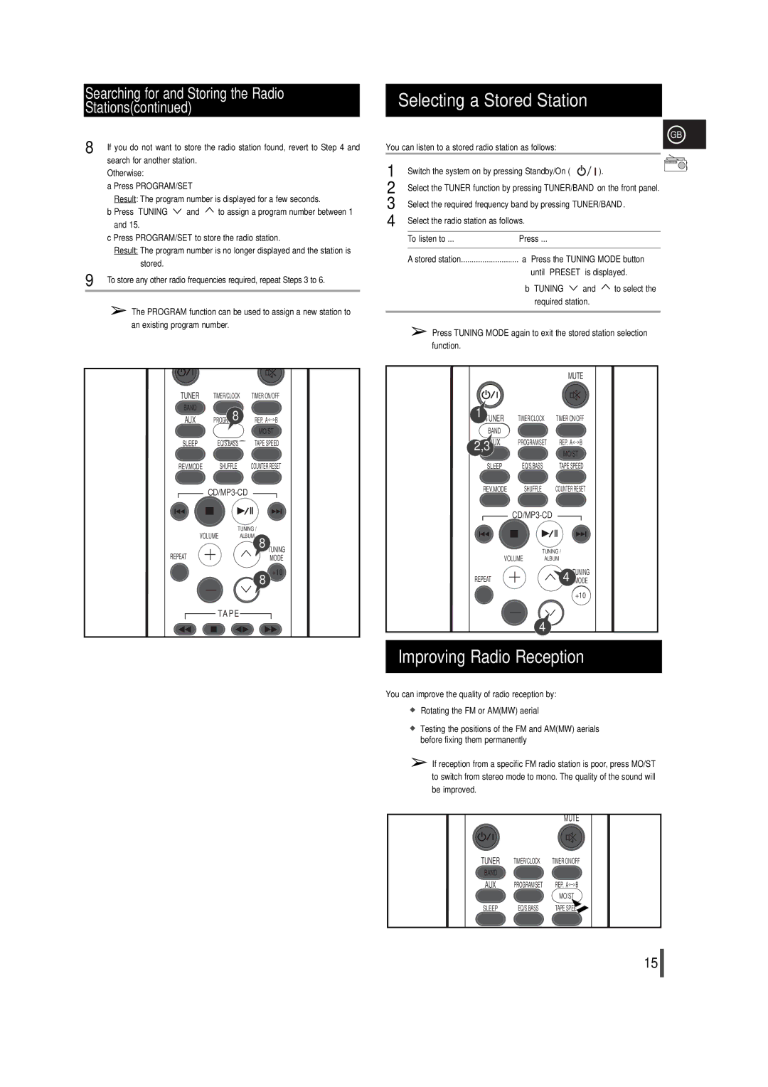 Samsung MM-T5R/ELS, MM-T5T/XSG manual Selecting a Stored Station, Improving Radio Reception 