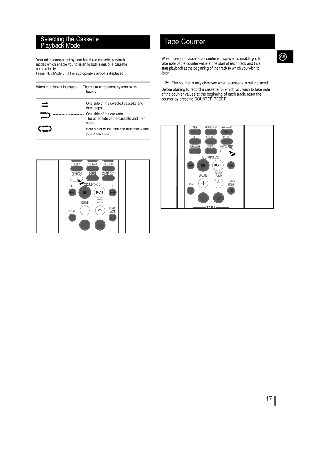 Samsung MM-T5R/ELS, MM-T5T/XSG manual Tape Counter, Selecting the Cassette Playback Mode 