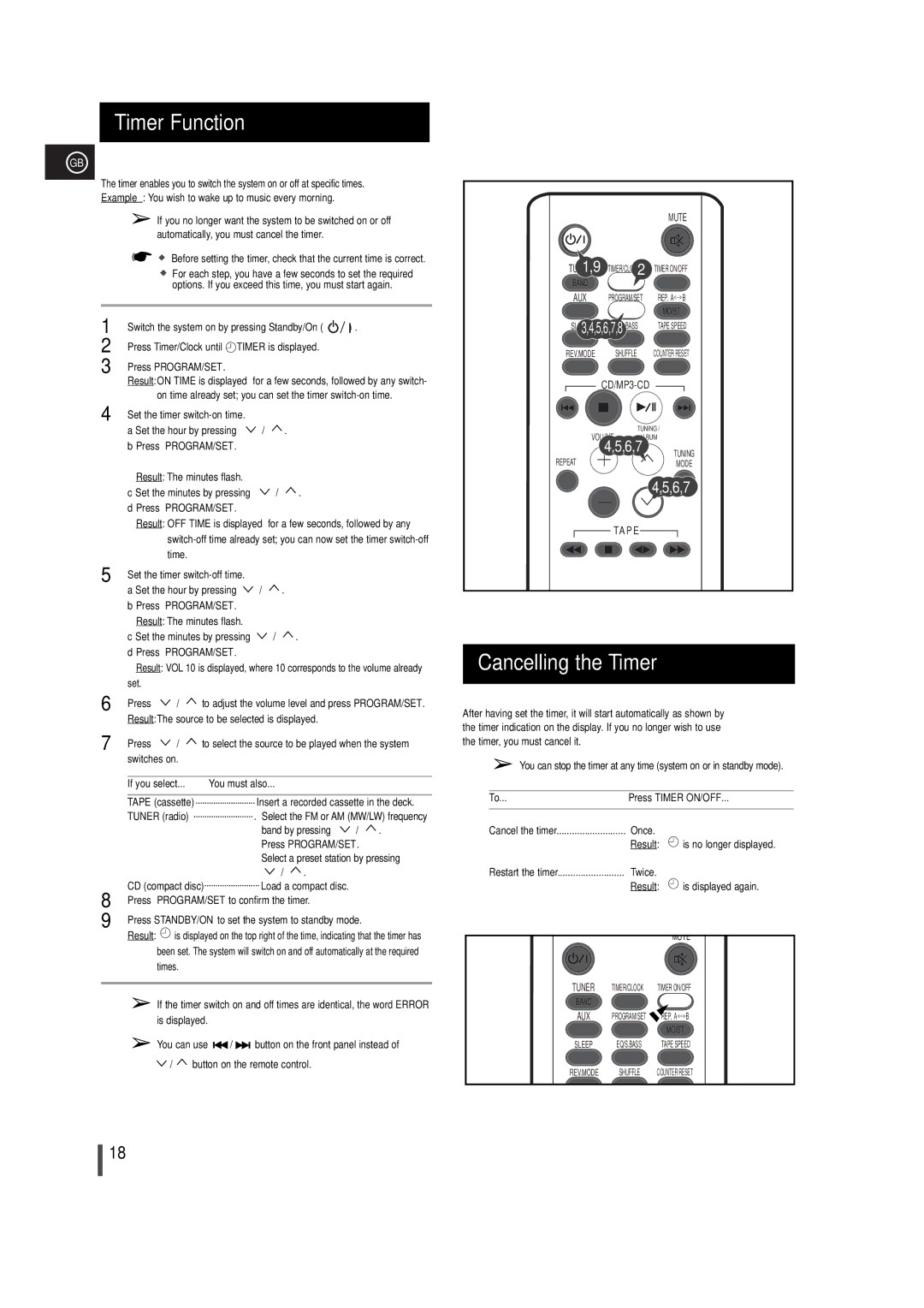 Samsung MM-T5T/XSG, MM-T5R/ELS manual Timer Function, Cancelling the Timer, If you select, Press Timer ON/OFF 