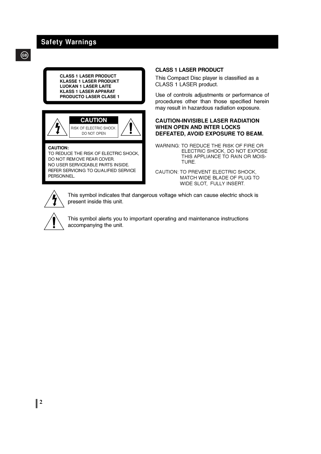 Samsung MM-T5T/XSG, MM-T5R/ELS manual Safety Warnings, Class 1 Laser Product 