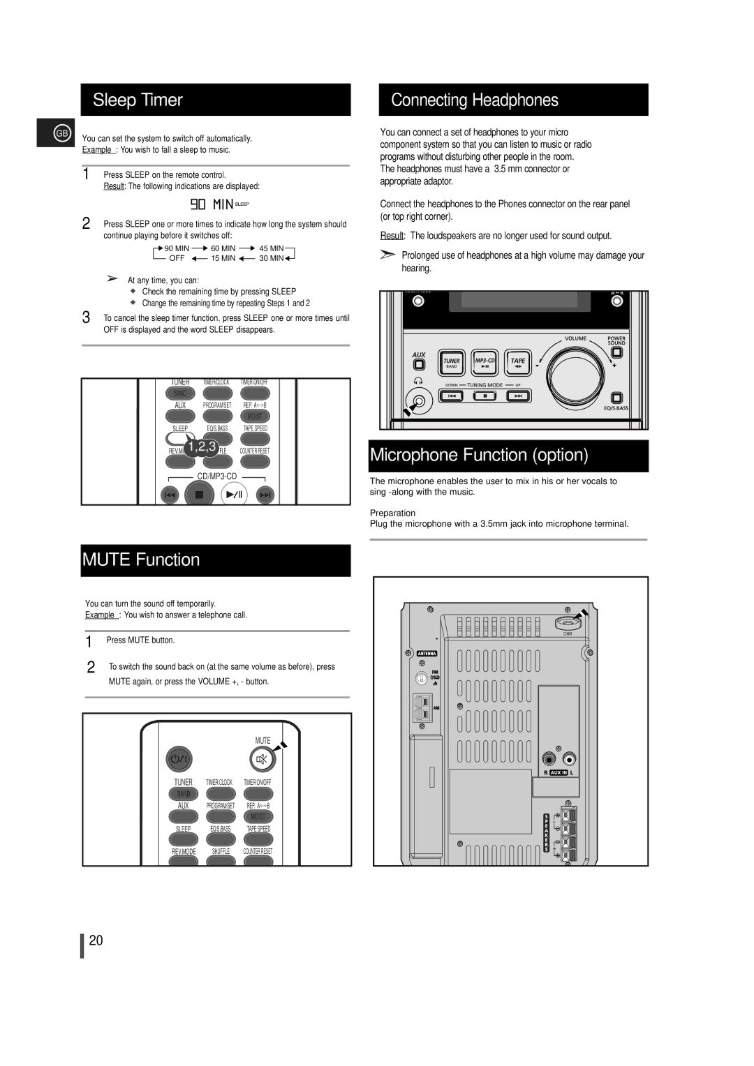 Samsung MM-T5T/XSG, MM-T5R/ELS manual Sleep Timer, Mute Function, Microphone Function option, Connecting Headphones 