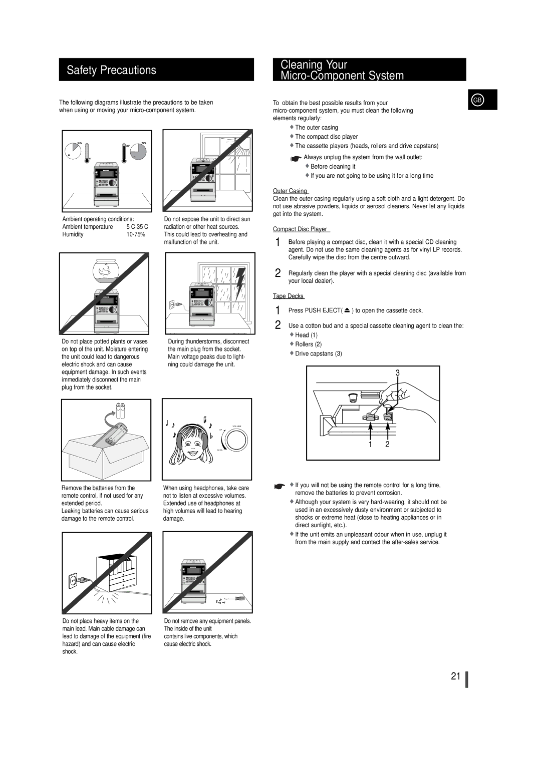 Samsung MM-T5R/ELS, MM-T5T/XSG manual Safety Precautions Cleaning Your Micro-Component System, Press Push Eject 