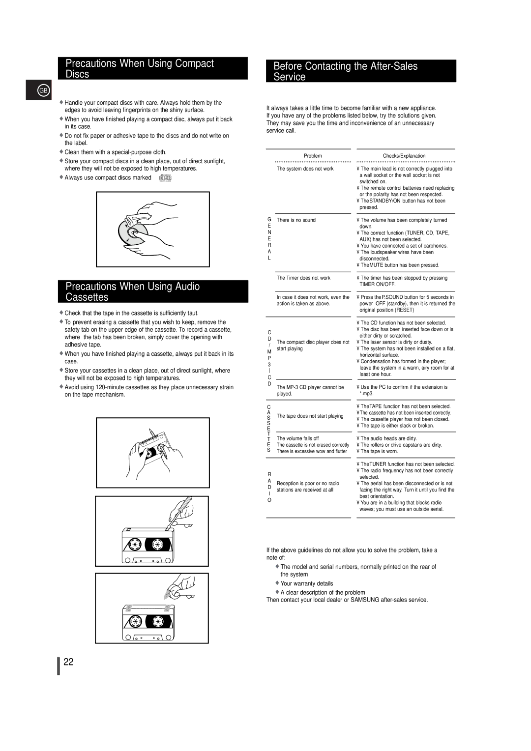 Samsung MM-T5T/XSG, MM-T5R/ELS manual Precautions When Using Compact Discs, Before Contacting the After-Sales Service 