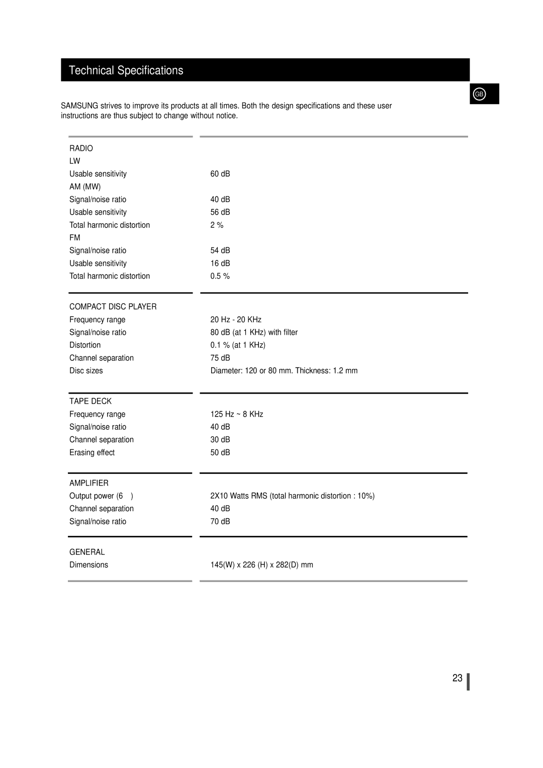 Samsung MM-T5R/ELS, MM-T5T/XSG manual Technical Specifications, General 