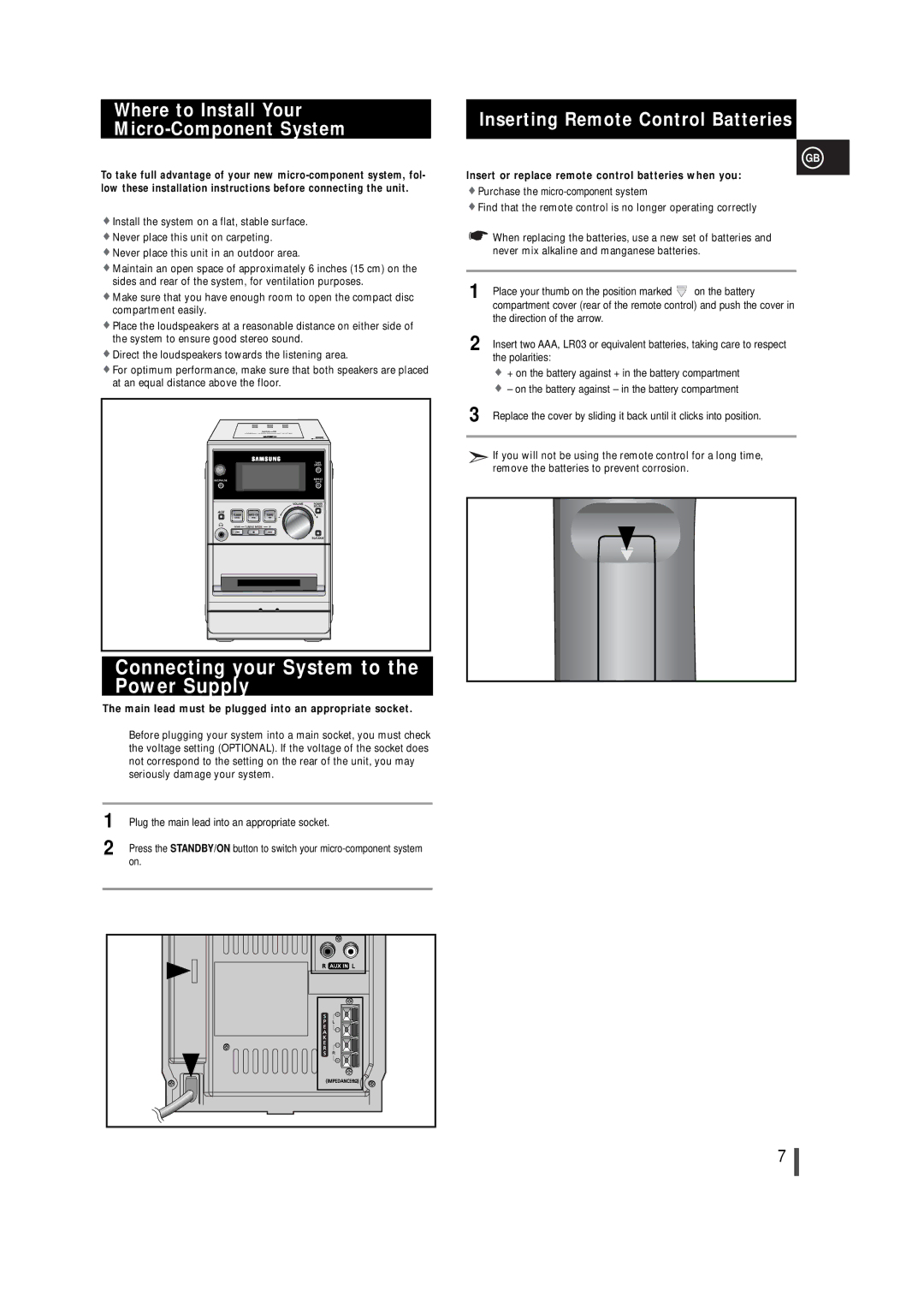 Samsung MM-T5R/ELS, MM-T5T/XSG Connecting your System to the Power Supply, Where to Install Your Micro-Component System 