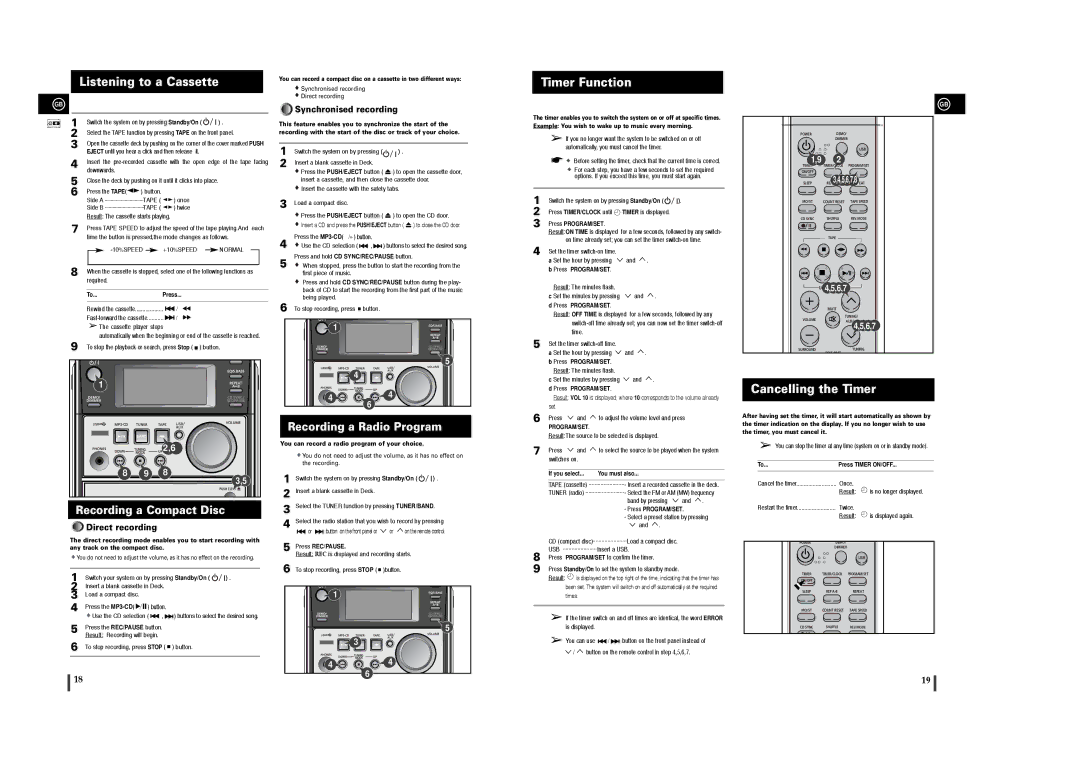 Samsung MM-T6 instruction manual Listening to a Cassette, Timer Function, Cancelling the Timer, Recording a Compact Disc 