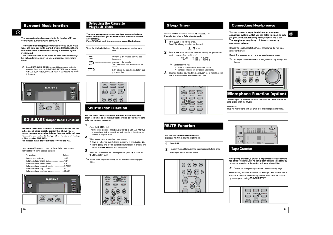 Samsung MM-T6 Surround Mode function, Connecting Headphones, Shuffle Play Function, Selecting the Cassette Playback Mode 