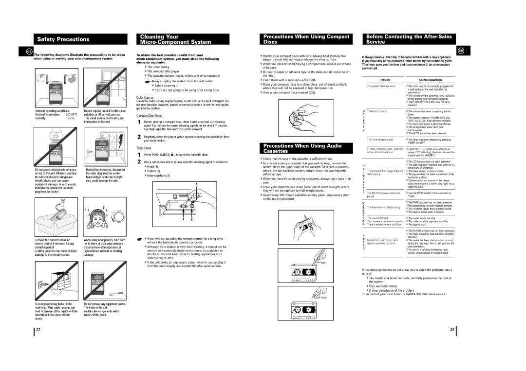 Samsung MM-T6 Safety Precautions Cleaning Your Micro-Component System, Precautions When Using Compact Discs 